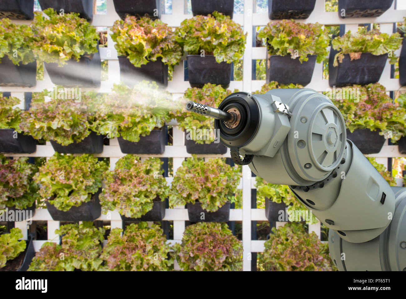 Landwirtschaft Technologiekonzept mit 3D-Rendering robotic Landwirt Spritzwasser Stockfoto