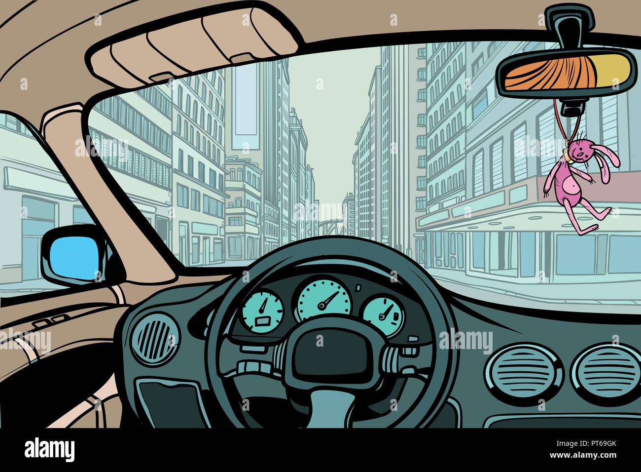Auto in der Stadt, Ansicht von Innen. Comic cartoon Pop Art retro Vektor illustration Zeichnung Stock Vektor