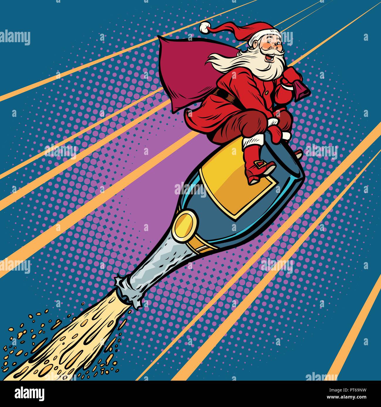 Santa ist Fliegen mit einer Flasche Champagner. Neues Jahr und Weihnachten. Comic cartoon Pop Art retro Vektor illustration Stock Vektor