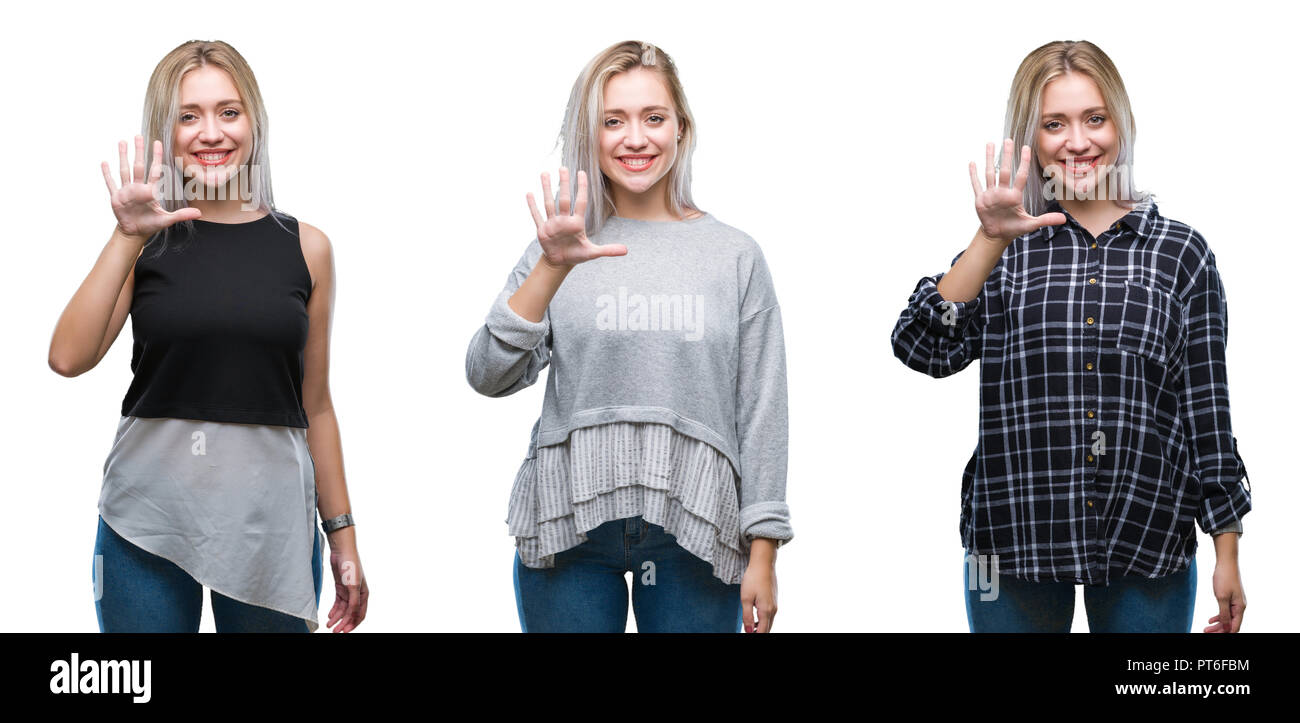 Collage der schönen blonden jungen Frau über isolierte Hintergrund angezeigt und zeigen mit den Fingern Nummer fünf, während lächelte zuversichtlich und fröhlich. Stockfoto