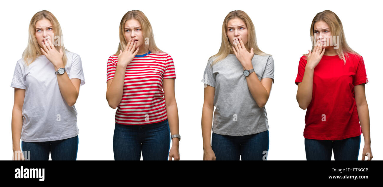 Collage der junge hübsche blonde Frau trägt ein T-Shirt mit weißem Hintergrund isoliert Gähnen müde über den Mund mit der Hand gebohrt. Rastlos und Sle Stockfoto