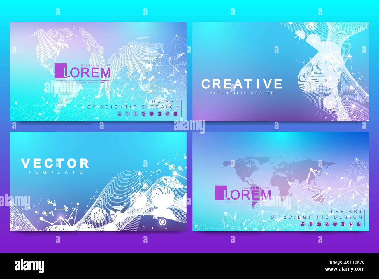 Satz von Webseite Design Vorlagen für Medizin, Wissenschaft, Technologie, Chemie. Gentechnik und Genmanipulation Konzept. DNA-Helix, DNA-Strang, Molekül oder Atom, Neuronen. Wave flow Vector Stock Vektor