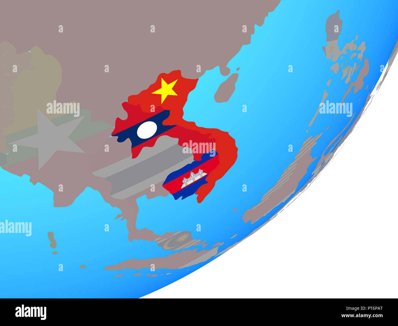Indochina mit eingebetteten Nationalflagge auf Blau politische Welt. 3D-Darstellung. Stockfoto