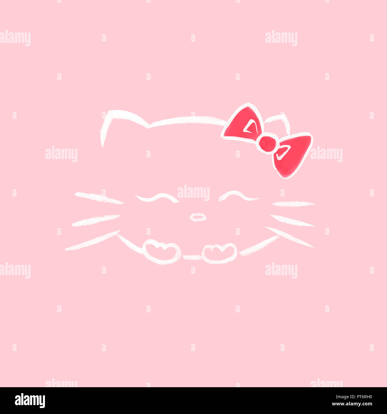 Süß lächelnd Hello Kitty mit einem Bogen, japanischen kawaii Cartoon cat inspiriert Sumi-e Abbildung weiß auf weichem rosa Hintergrund. Stockfoto