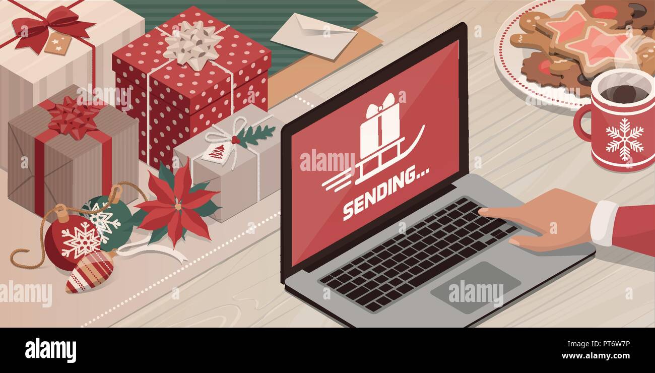Hi-tech Santa senden Geschenke online mit seinem Laptop und bunte Geschenke: Vektor Weihnachtskarte Stock Vektor