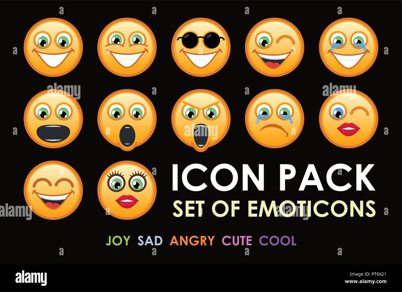 Icon Pack von Emotion lächelt auf schwarzem Hintergrund Stock Vektor
