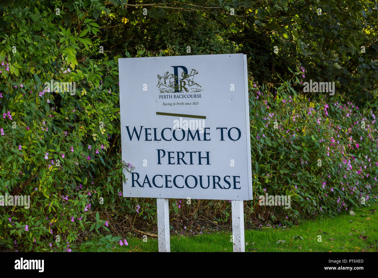 Schild Willkommen in Perth Racecourse in der Stadt Perth in Schottland, Großbritannien Stockfoto