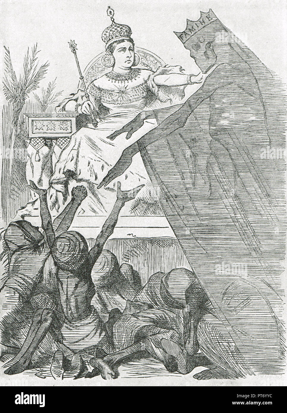 Punch Karikatur von John Tenniel, umstrittene Empire berechtigt. Ein Kommentar auf die Indische Hungersnot von 1876-78, in der einige 5,5 Millionen ihrer Untertanen starb, nachdem sie den Titel der Kaiserin von Indien übernommen hatte. Stockfoto