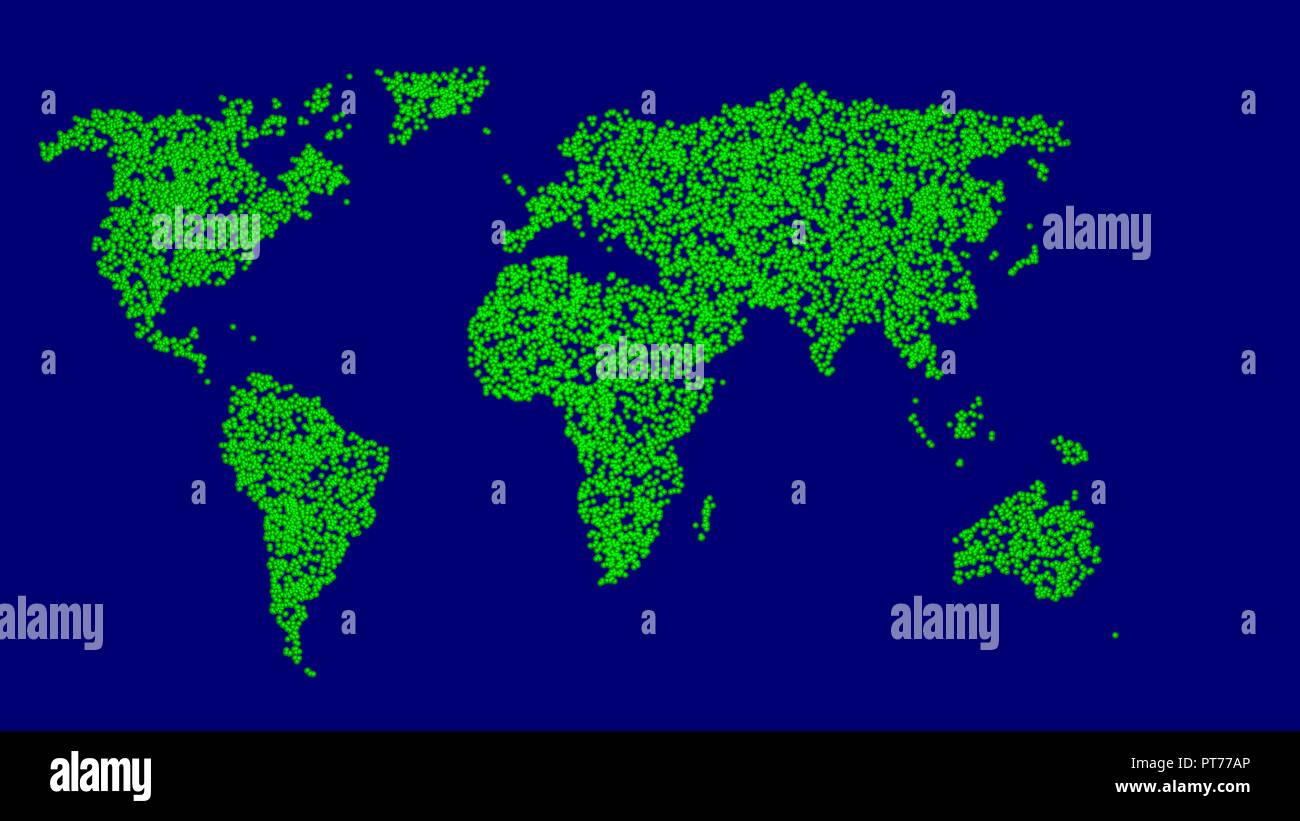 Weltkarte aus Kugeln, Kugeln, Punkte, Partikel. 3D-Render. Grün Stockfoto