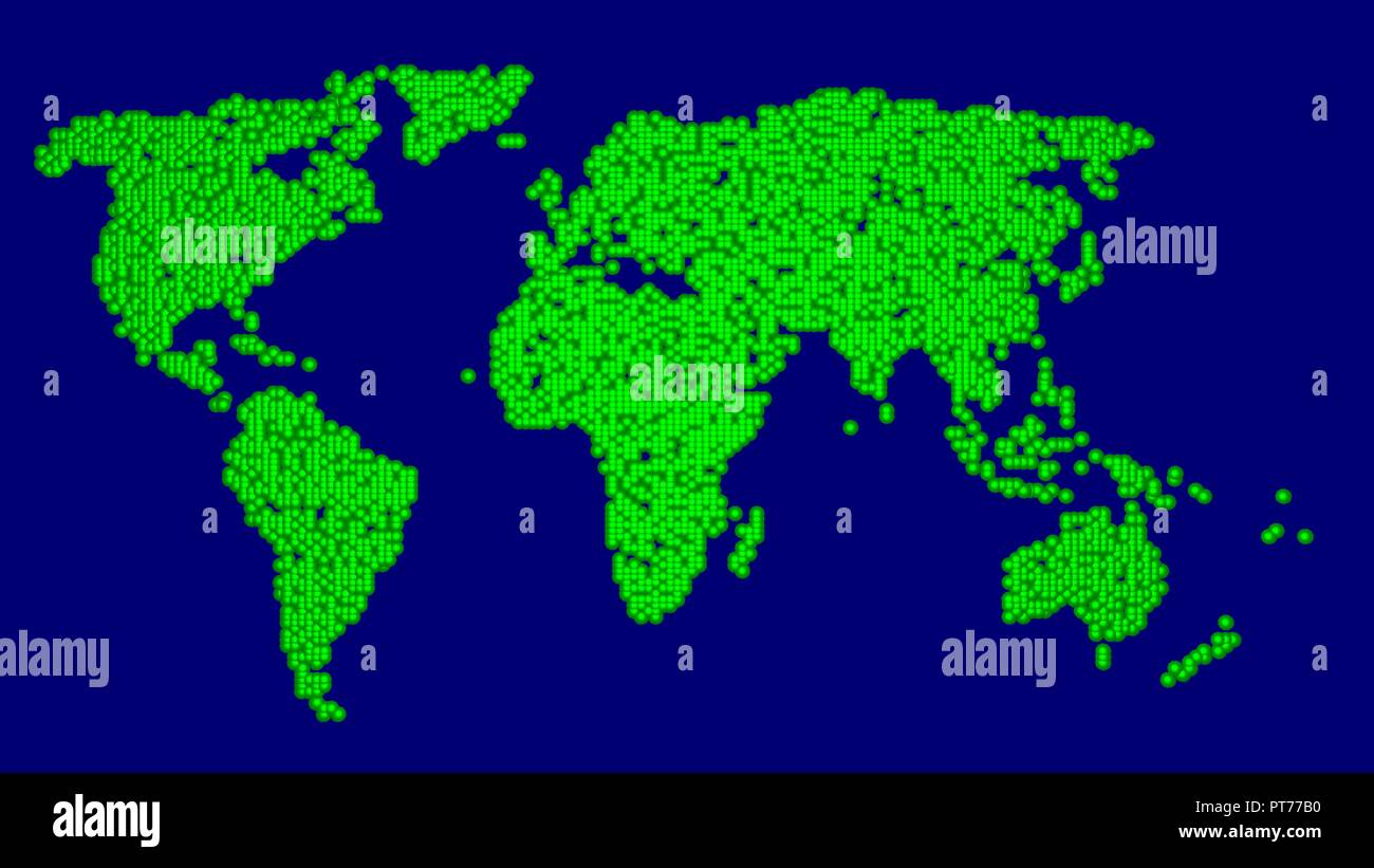 Weltkarte aus Kugeln, Kugeln, Punkte, Partikel. 3D-Render. Grün Stockfoto