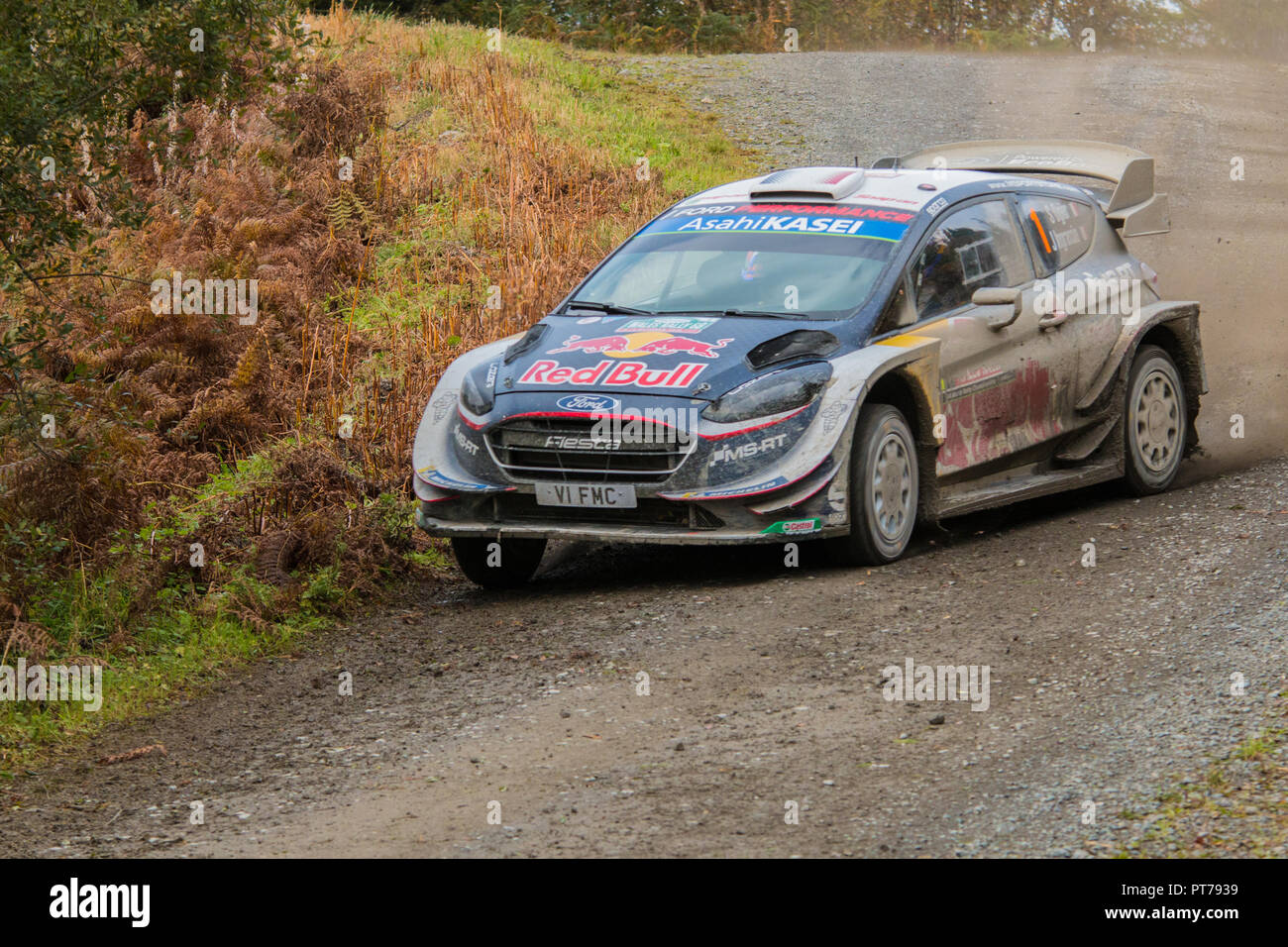 Dyfnant, UK. 6. Oktober 2018. Der Ford Fiesta RS WRC von Sebastien Ogier (Frankreich) mit der Geschwindigkeit auf dem Kies Waldwege, die Stufe 14 des 2018 Wales Rally von Großbritannien, durch den Wald in der Nähe von Dyfnant Welshpool, Powys, Wales Credit: Mike Hillman/Alamy leben Nachrichten Stockfoto