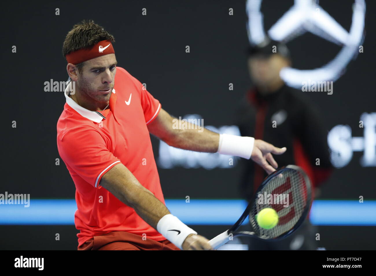 Peking, China. 7 Okt, 2018. Juan Martin Del Potro aus Argentinien konkurriert im Endspiel gegen Nikoloz Basilashvili Georgiens an der China Open Tennisturnier in Peking, der Hauptstadt von China am 7. Oktober, 2018. Credit: Jia Haocheng/Xinhua/Alamy leben Nachrichten Stockfoto