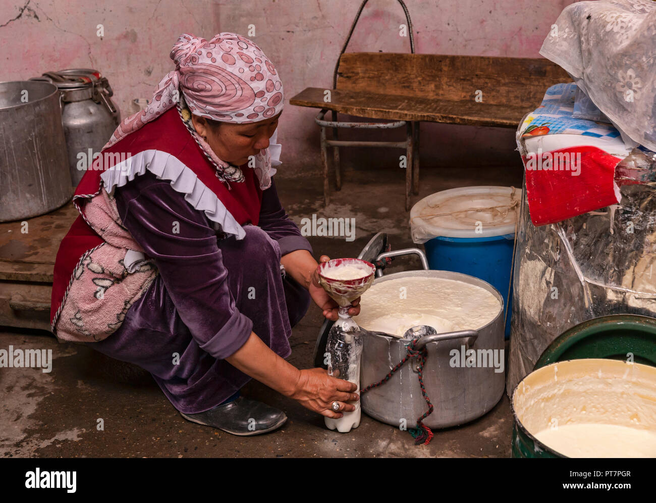 Lokale kirgisische Frauen verkauft yak Joghurt in Murghab Markt, Pamir, Gorno-Badakhshan, Tadschikistan. Stockfoto