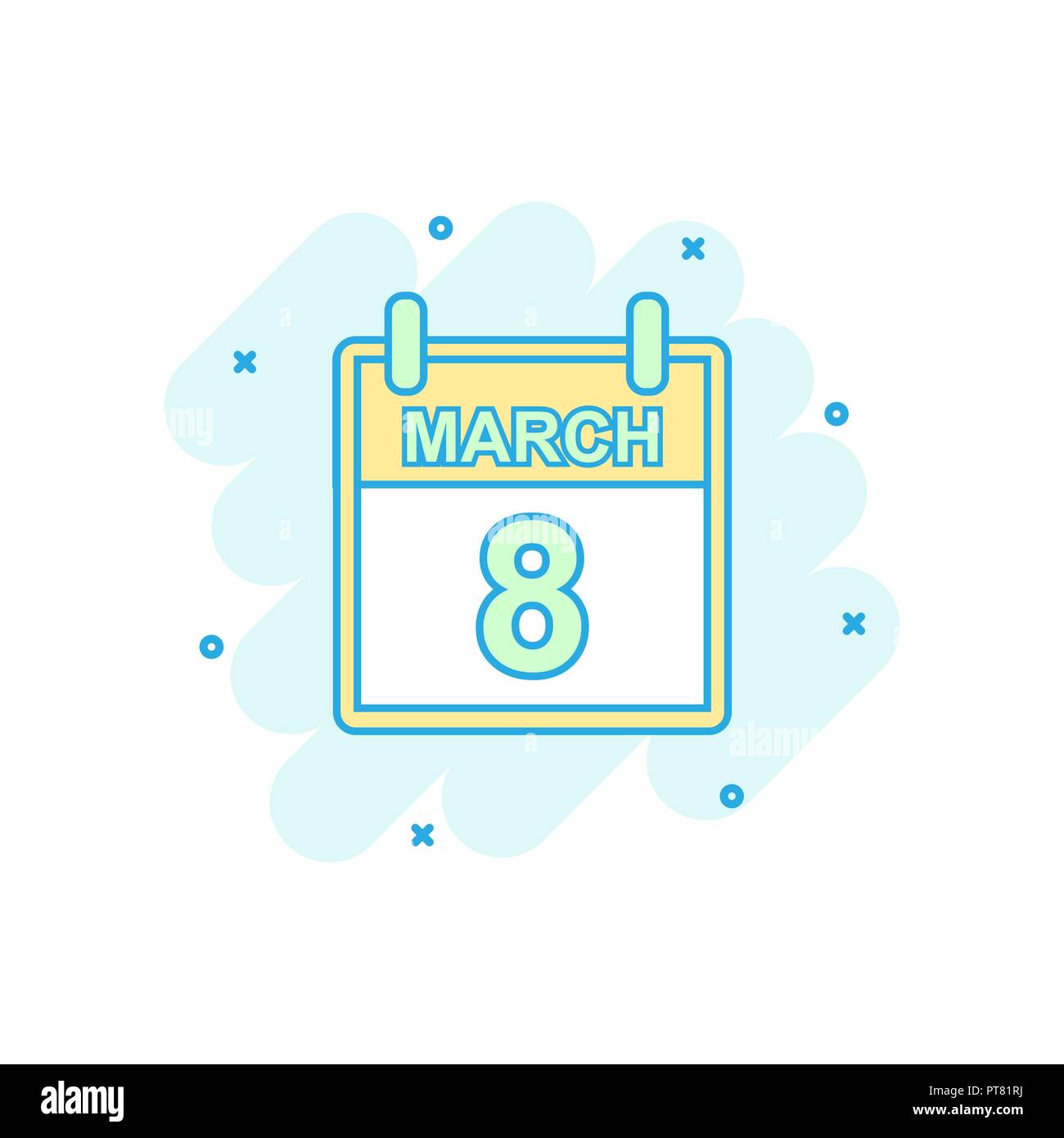 Cartoon farbige März 8 Symbol Kalender im Comic-stil. Internationaler Tag der Frauen Abbildung Piktogramm. März Zeichen splash Geschäftskonzept. Stock Vektor