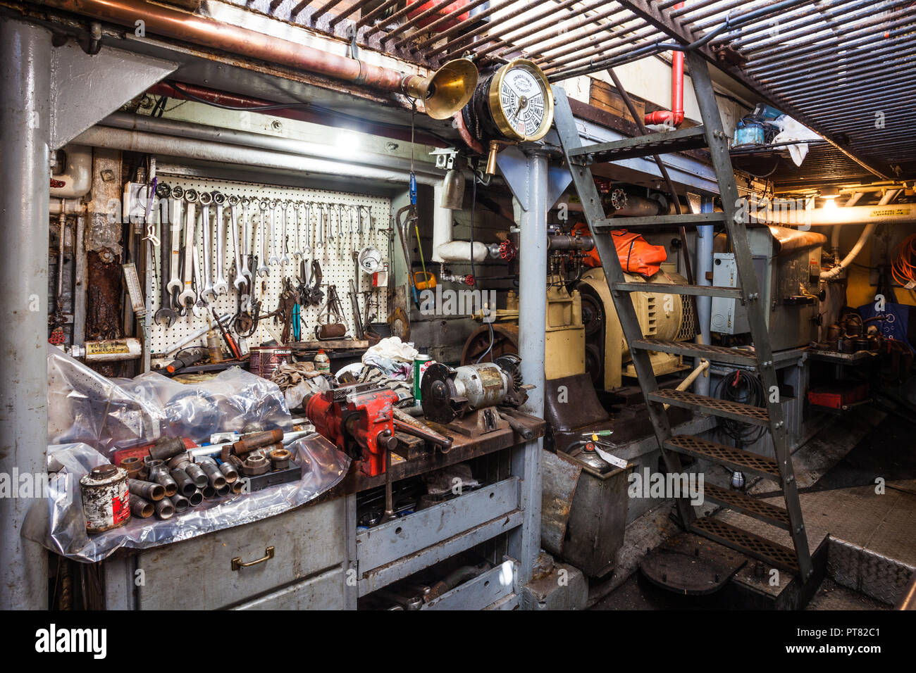 Wartung Werkstatt im Maschinenraum des dampfbetriebene Tugboat, SS Master Stockfoto