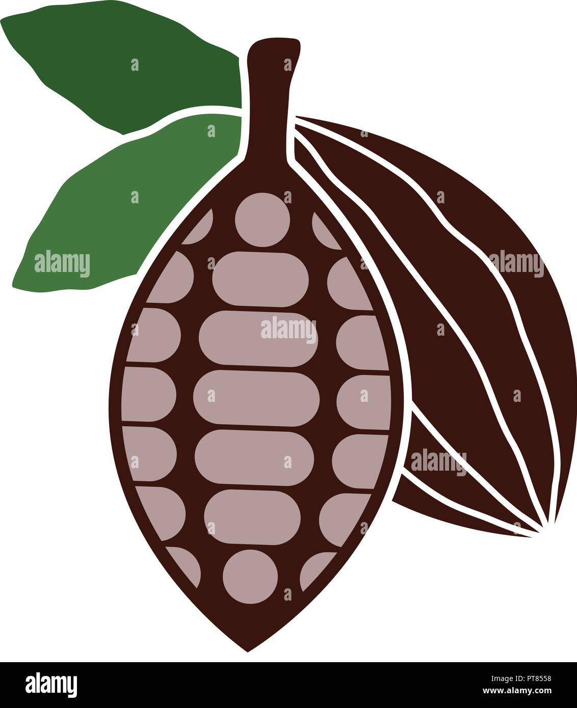 Vektor Symbol der Kakaobohne. Schokolade Bio-lebensmittel Symbol. cocoa Bean und Blätter. cacao Baum Früchte Stock Vektor