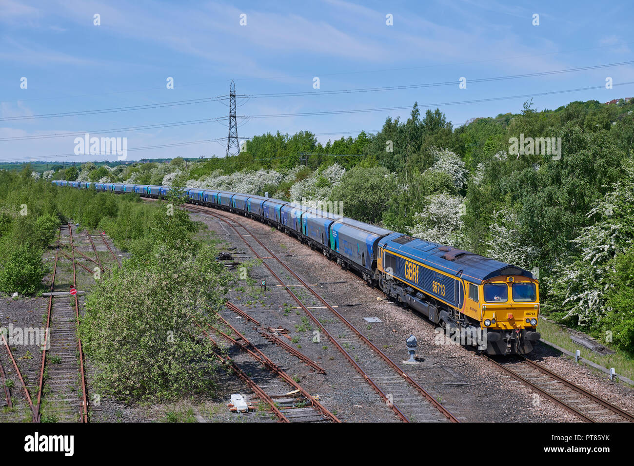 66713 GBRf Köpfe durch Healey Mühlen mit 6 E 09 07:35 Liverpool Biomasse Tml Gbf zu Drax Biomasse. 15. Mai 18. Stockfoto
