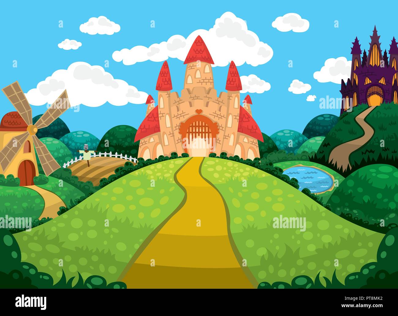 Schönen Hintergrund mit Burgen, Teich, Mühle und Felder. Kinder von Vector Illustration. Märchen Hintergrund. Stock Vektor