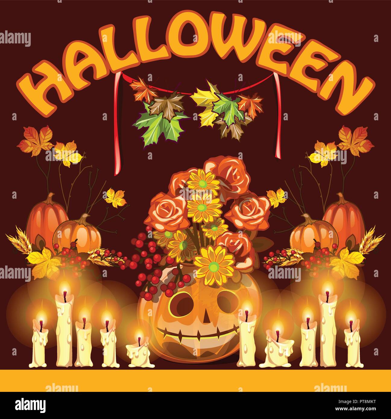 Poster auf der Halloween Party oder Grußkarte auf Thema Der goldene Herbst. Gefallenen Herbst Baum Blätter. Kerzen und Kürbis Form von Jack-o-Lantern. Cartoon Vektor close-up Abbildung. Stock Vektor