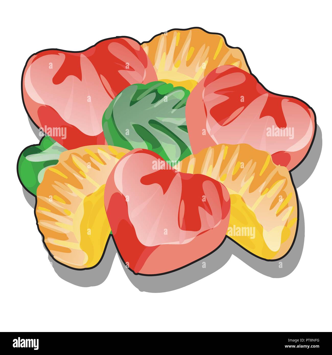 Bündel geformt Marmelade mit einer glänzenden Oberfläche, farbigen, transparenten Grütze auf weißem Hintergrund. Leckere und gesunde Süßigkeiten wird aus dem Saft. Vektor cartoon Close-up Abbildung. Stock Vektor
