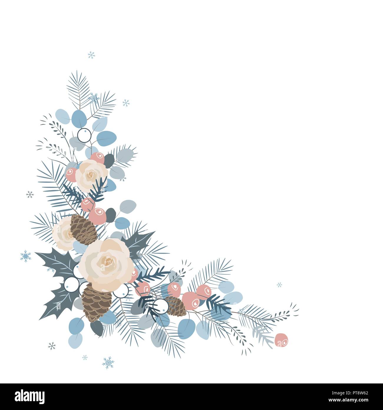 Ecke Grenze Eukalyptus und Pinien Zweige, Rosen, Tannenzapfen, Mix aus Pflanzen und Beeren. Design Konzept für Weihnachten, Blumen, Blätter, weiße backgro Stock Vektor