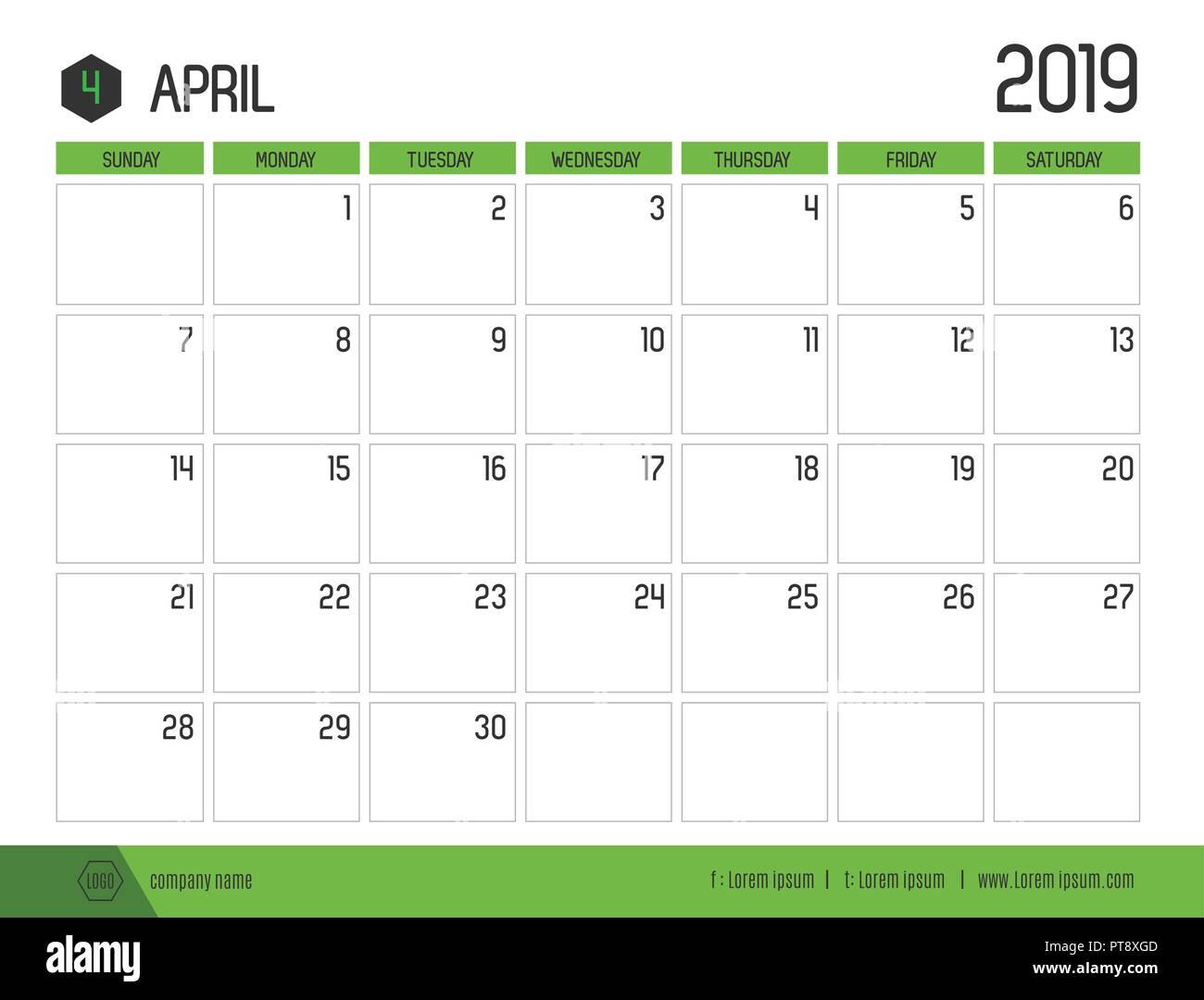 Der Vektor der Moderne grüne Kalender 2019 (April) in einfachen sauberen Tisch Stil. volle Größe 21 x 16 cm; Woche starten am Sonntag Stock Vektor