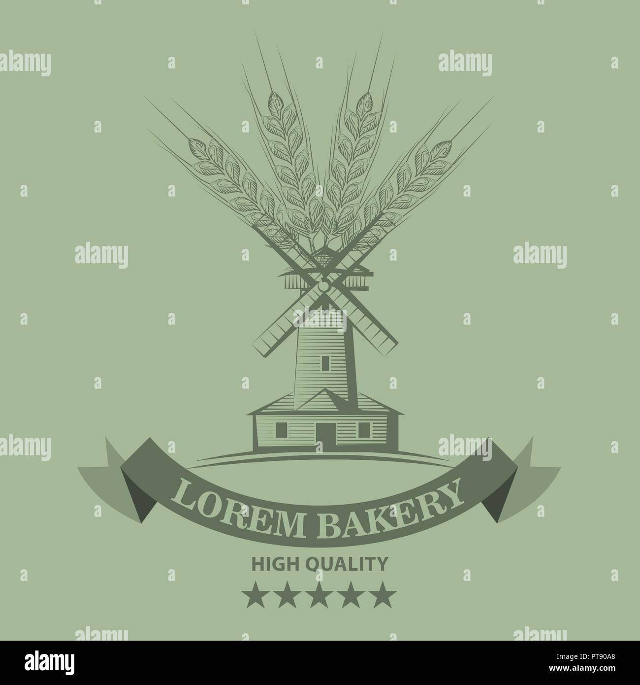 Bauernhof oder Bäckerei Logo oder Label mit Skizze Linienstil Mühle und Weizen. Vector Illustration Stock Vektor