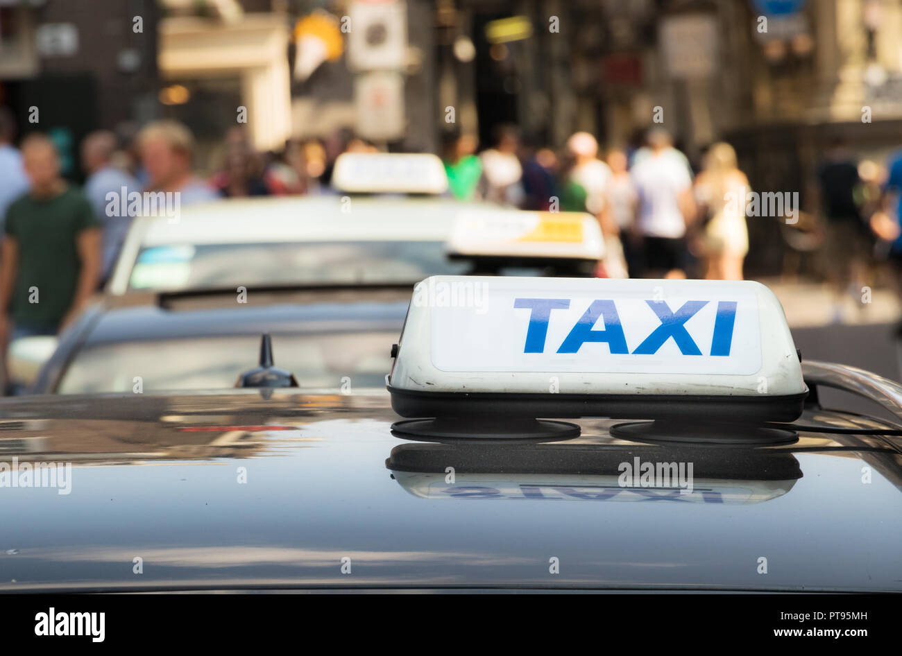 Ein taxi Schild mit blauer Brief auf einem Taxi Auto in Amsterdam,  Niederlande Stockfotografie - Alamy