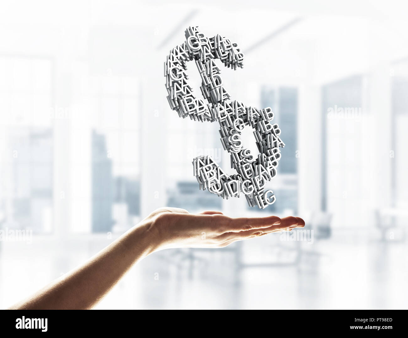 Konzept der Währung durch Dollarzeichen in männlicher Hand präsentiert. Mischung Stockfoto