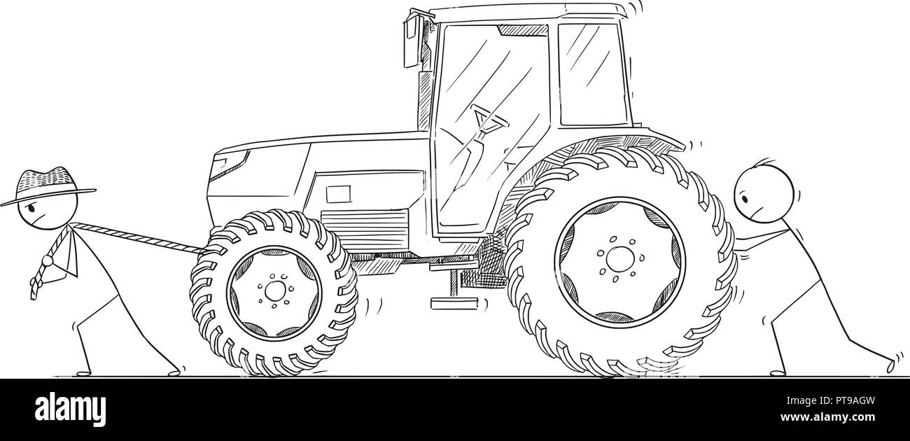 Cartoon von zwei Männern oder Bauern Schieben und Ziehen einen Traktor Stock Vektor