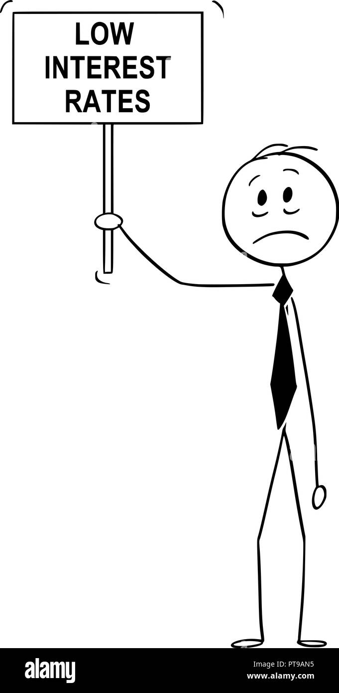 Cartoon von depressiven Mann, Bankier oder Geschäftsmann mit niedrigen Zinsen Zeichen Stock Vektor