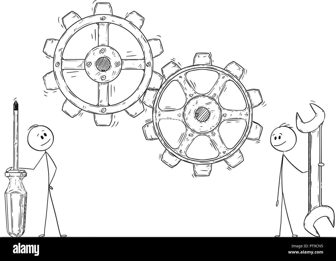 Cartoon von zwei Männern oder Geschäftsleute mit einem Schraubenschlüssel und einem Schraubenzieher beobachten, Zahnräder oder Zahnrädern Stock Vektor