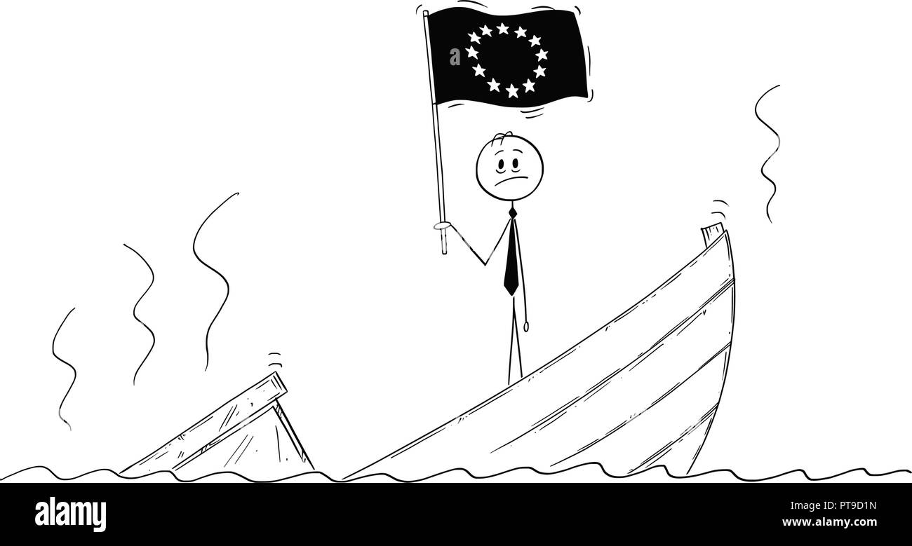 Cartoon von Politiker ständigen Deprimiert auf sinkendes Boot mit Europäischen Union oder EU-Flagge Stock Vektor
