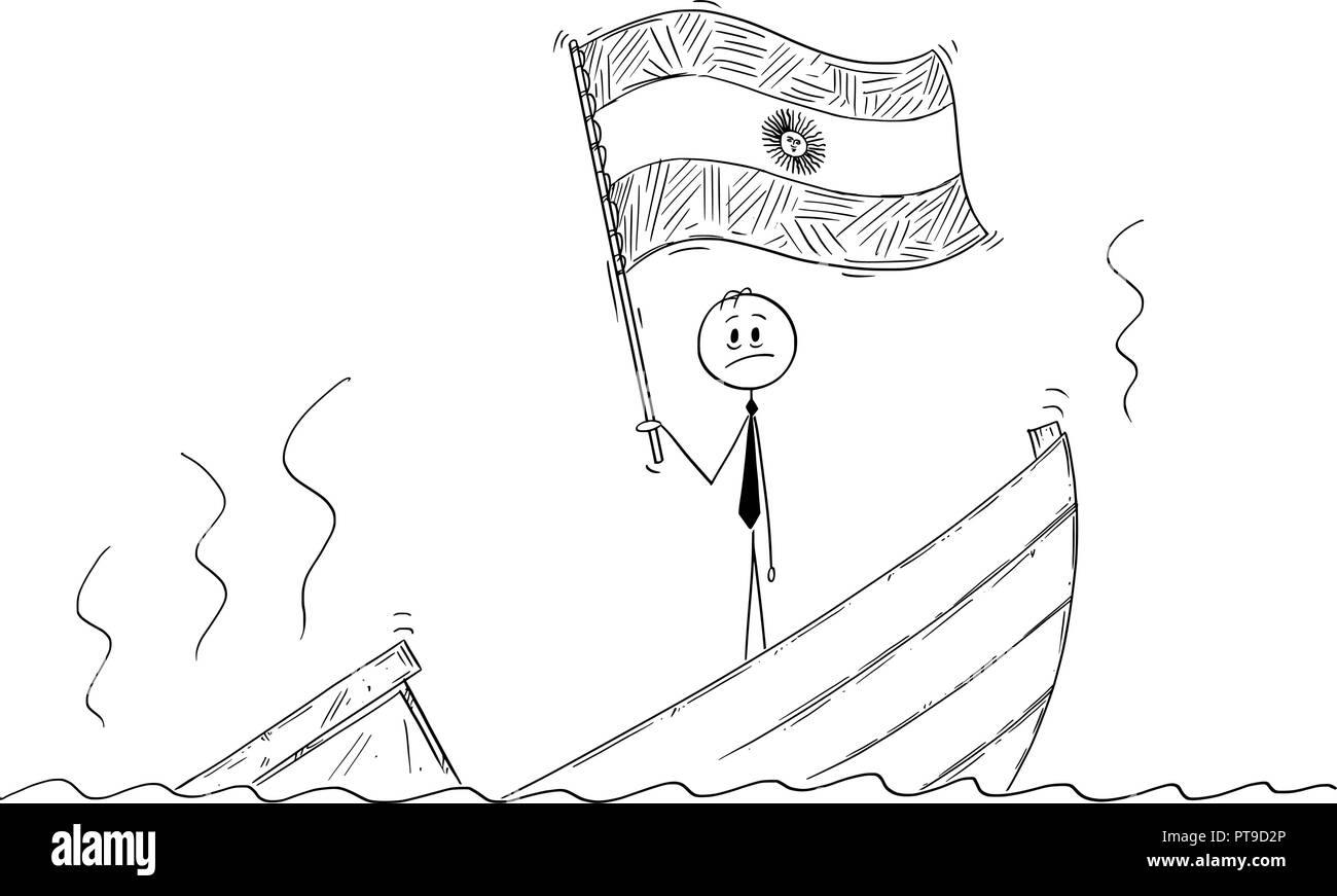 Cartoon von Politiker ständigen Deprimiert auf sinkendes Boot wehende Flagge der Republik Argentinien, Argentinien Stock Vektor