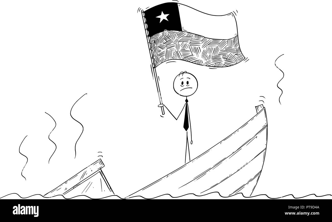 Cartoon von Politiker ständigen Deprimiert auf sinkendes Boot winken die Flagge der Republik Chile Stock Vektor