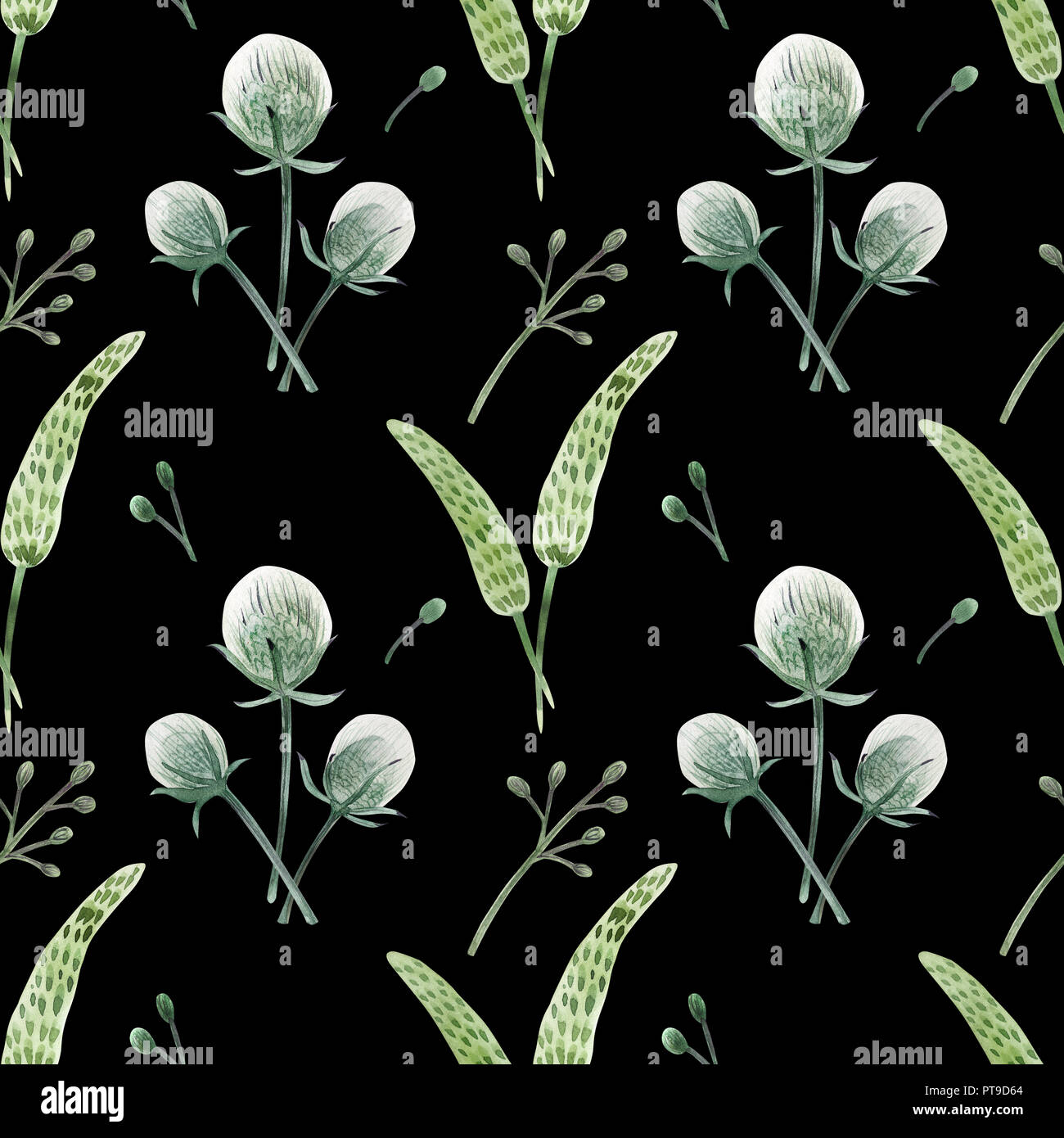 Wilde Pflanzen Handgemalten Aquarell. Nahtlose Muster auf einem schwarzen Hintergrund. Pfad enthalten. Stockfoto