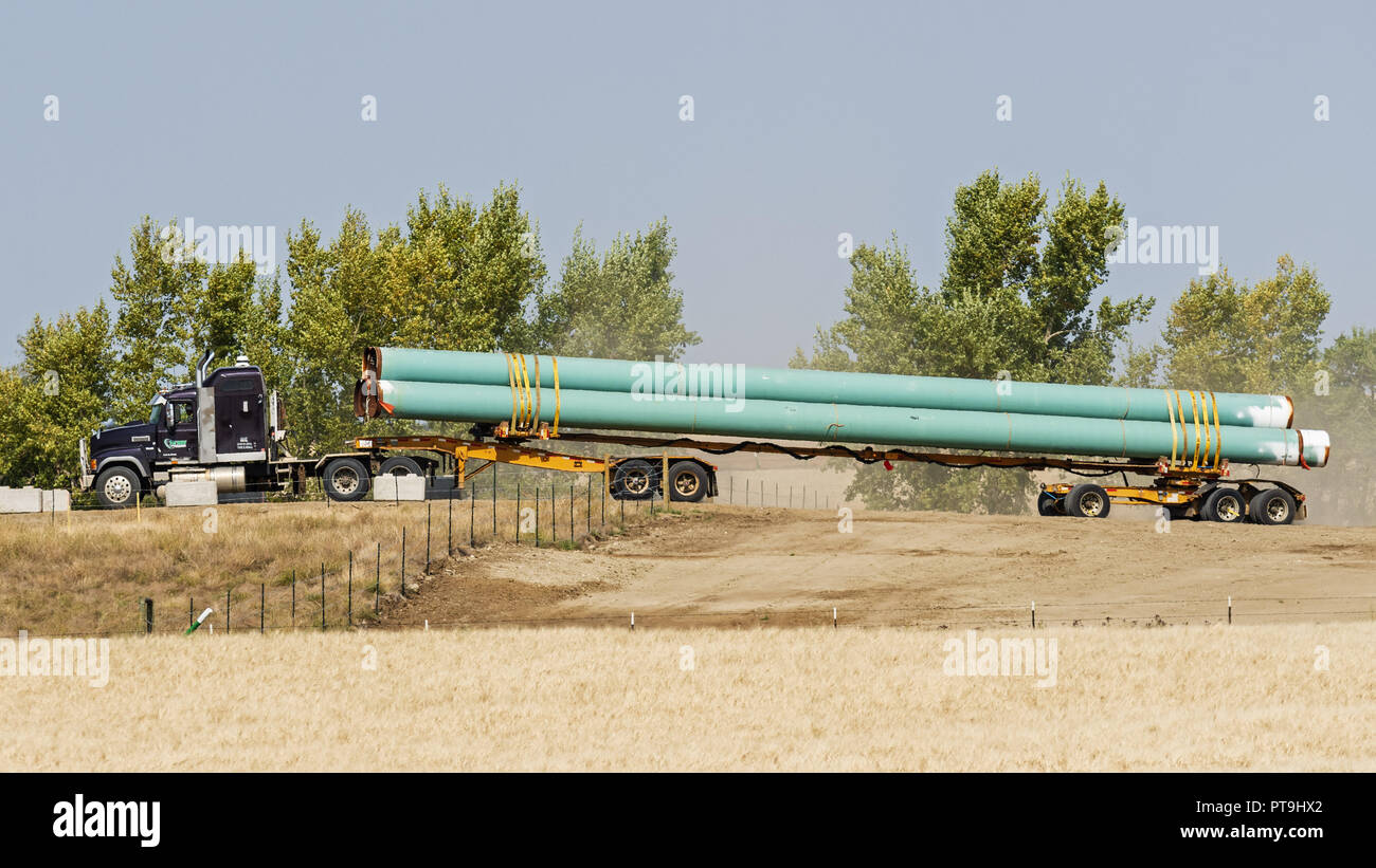 Shaunavon, Saskatchewan, Kanada. 7. Sep 2018. Stahlrohre sind von einem Sattelschlepper schleppen einen Tieflader auf ein Öl pipeline Baustelle transportiert. Credit: bayne Stanley/ZUMA Draht/Alamy leben Nachrichten Stockfoto
