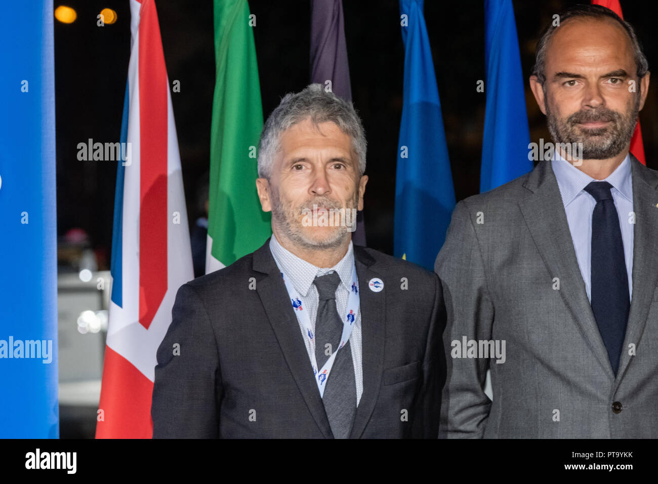 Lyon, Frankreich. 8. Okt 2018. Fernando Grande-Marlaska Innenminister von Spanien, Edouard Philippe Ministerpräsident und Minister des Innern unter Rhone Präfektur G6 Treffen in Lyon, Frankreich Quelle: FRANCK CHAPOLARD/Alamy leben Nachrichten Stockfoto