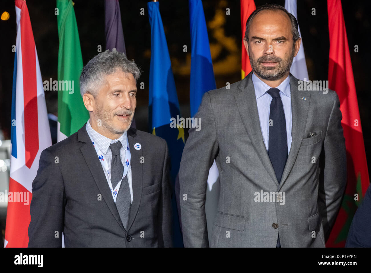 Lyon, Frankreich. 8. Okt 2018. Fernando Grande-Marlaska Innenminister von Spanien, Edouard Philippe Ministerpräsident und Minister des Innern unter Rhone Präfektur G6 Treffen in Lyon, Frankreich Quelle: FRANCK CHAPOLARD/Alamy leben Nachrichten Stockfoto