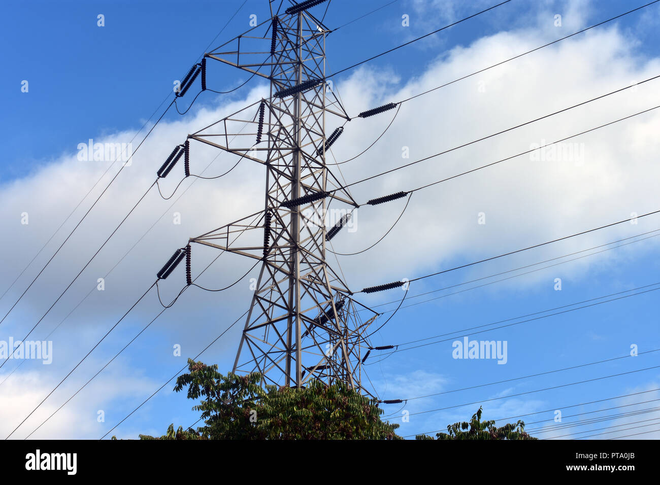 Hohe Spannung elektrische Power Tower und Kabel auf einem leicht bewölkt Tag Stockfoto