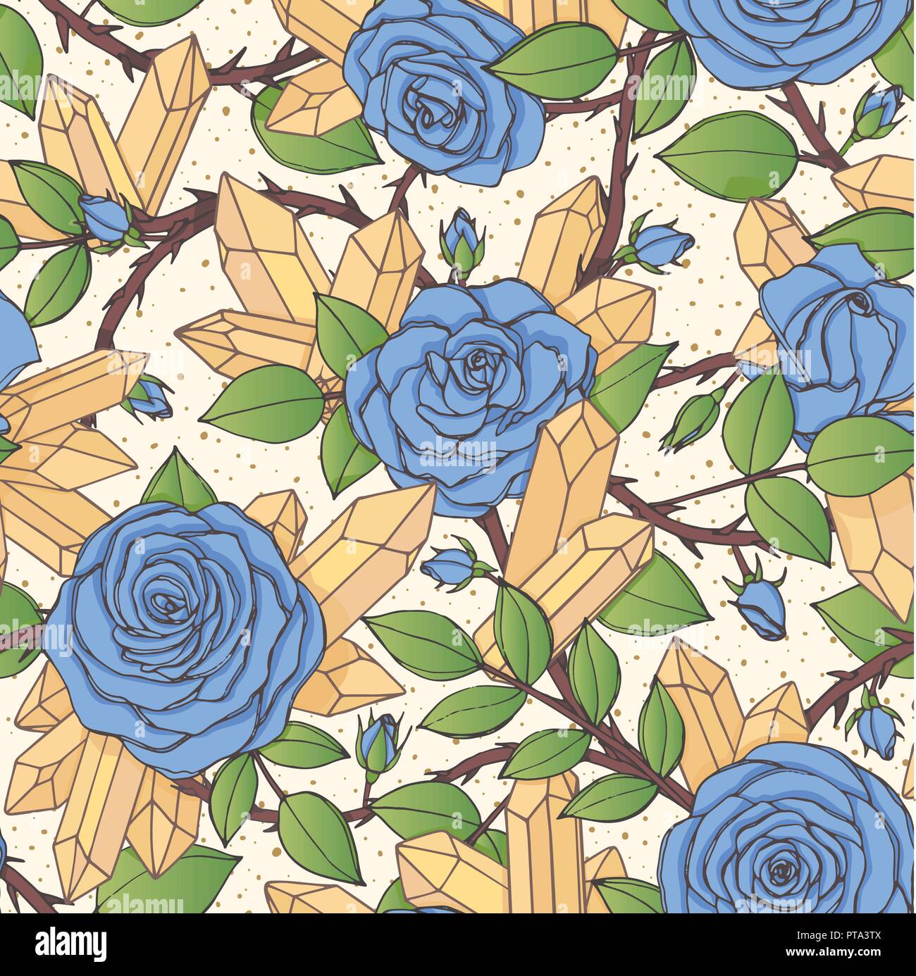 Vektor Hand gezeichnet nahtlose Muster von Blue Rose Blüten und Knospen, Blätter, dornigen Stiele und gelbe Quarze auf beige gepunkteten Hintergrund. Blumen Stock Vektor