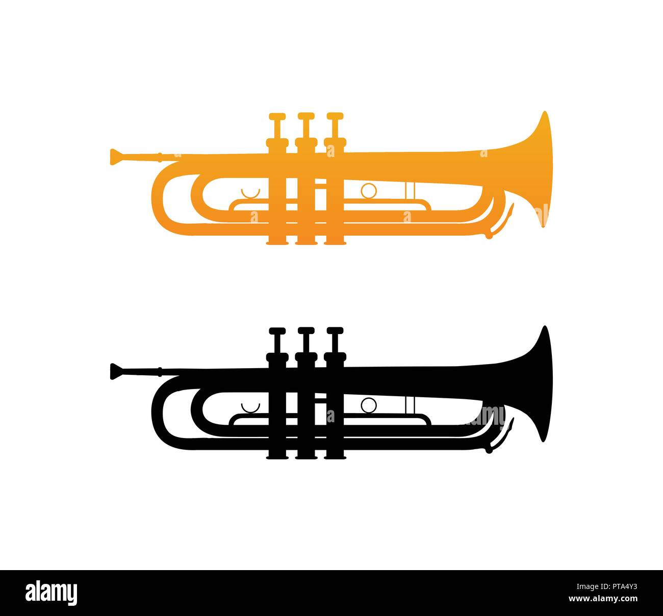 Vektor Icon für die Goldene Trompete mit schwarzer Silhouette der Blechblasinstrument isoliert auf weißem Hintergrund. Stock Vektor