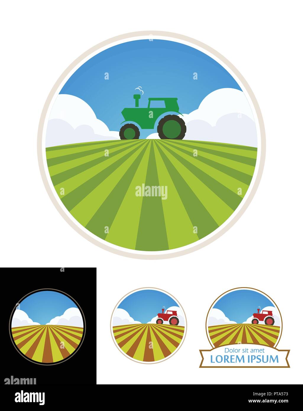 Farm Traktor und grünes Feld von Gerste Stock Vektor