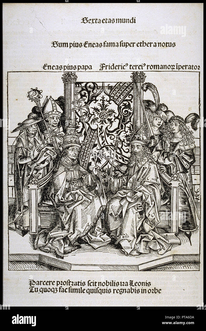 Treffen zwischen Papst Pius II. und Friedrich III., Kaiser von Deutschland, ca 1493. Schöpfer: Michael Wolgemut (1434-1519). Stockfoto