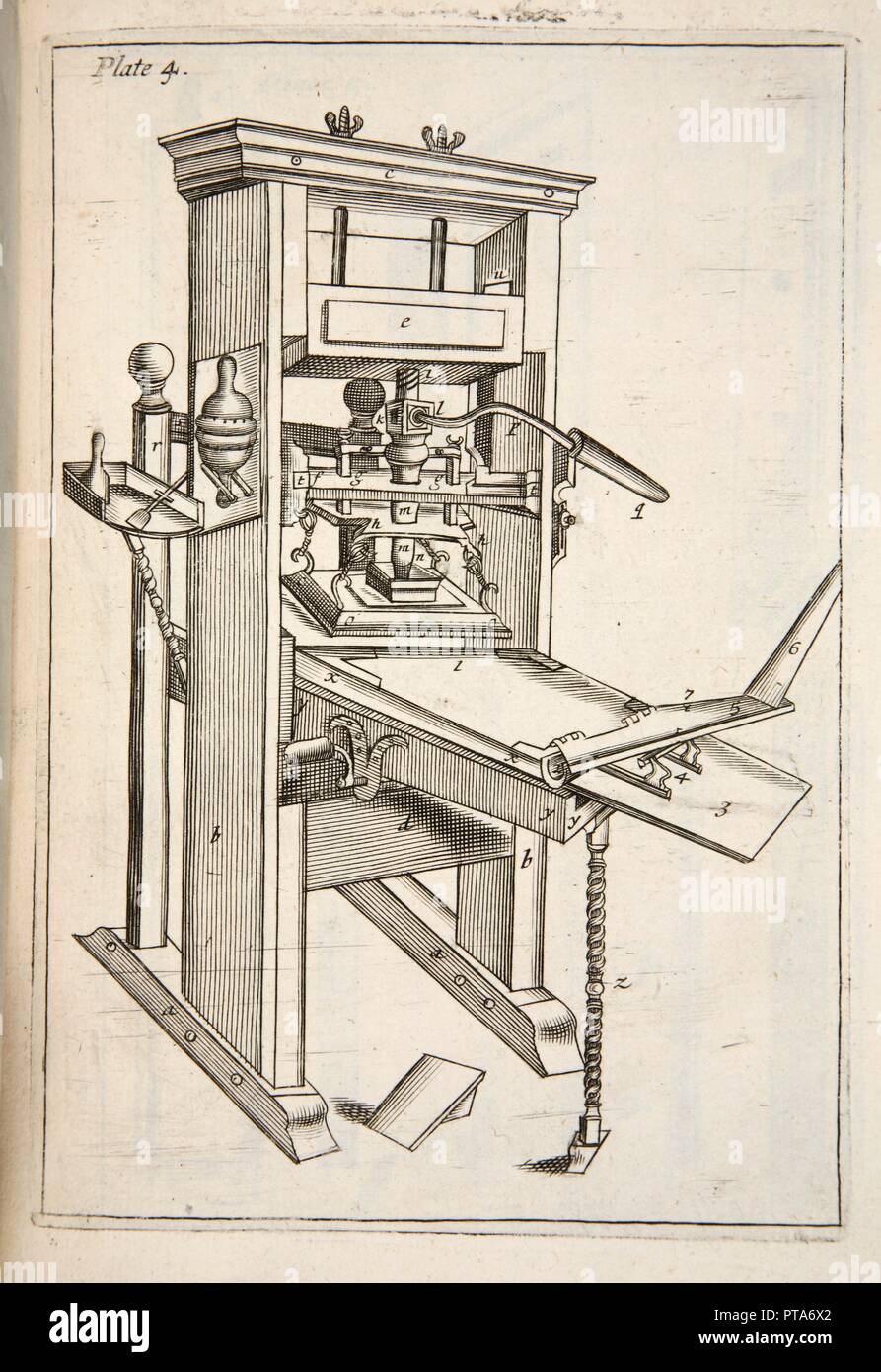 Die Druckmaschine, Pub. 1683 (Gravur). Schöpfer: English School (17. Jahrhundert). Stockfoto