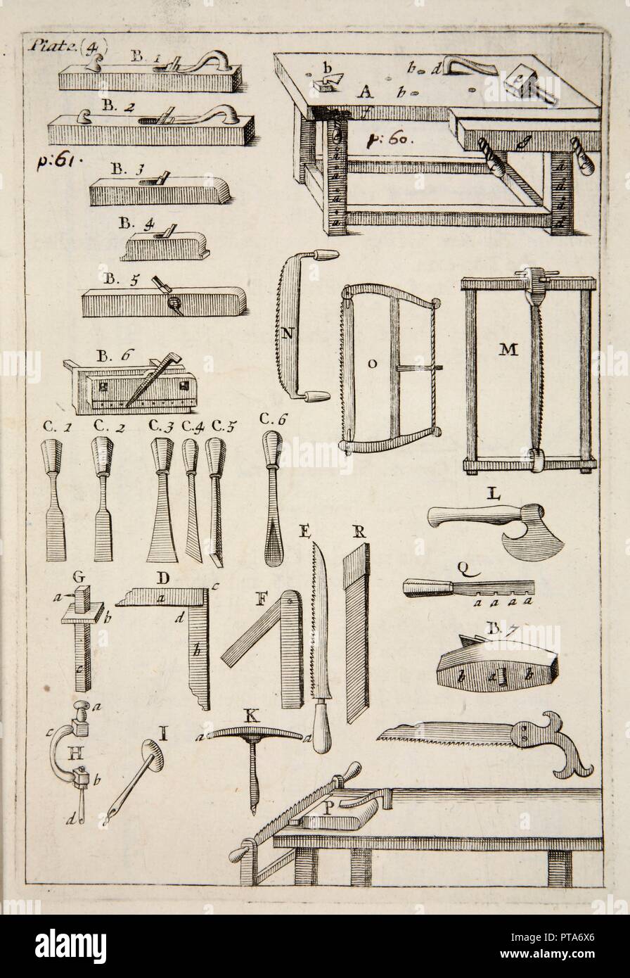 Werkzeuge für die Holzbearbeitung, Pub. 1683 (Gravur). Schöpfer: English School (17. Jahrhundert). Stockfoto