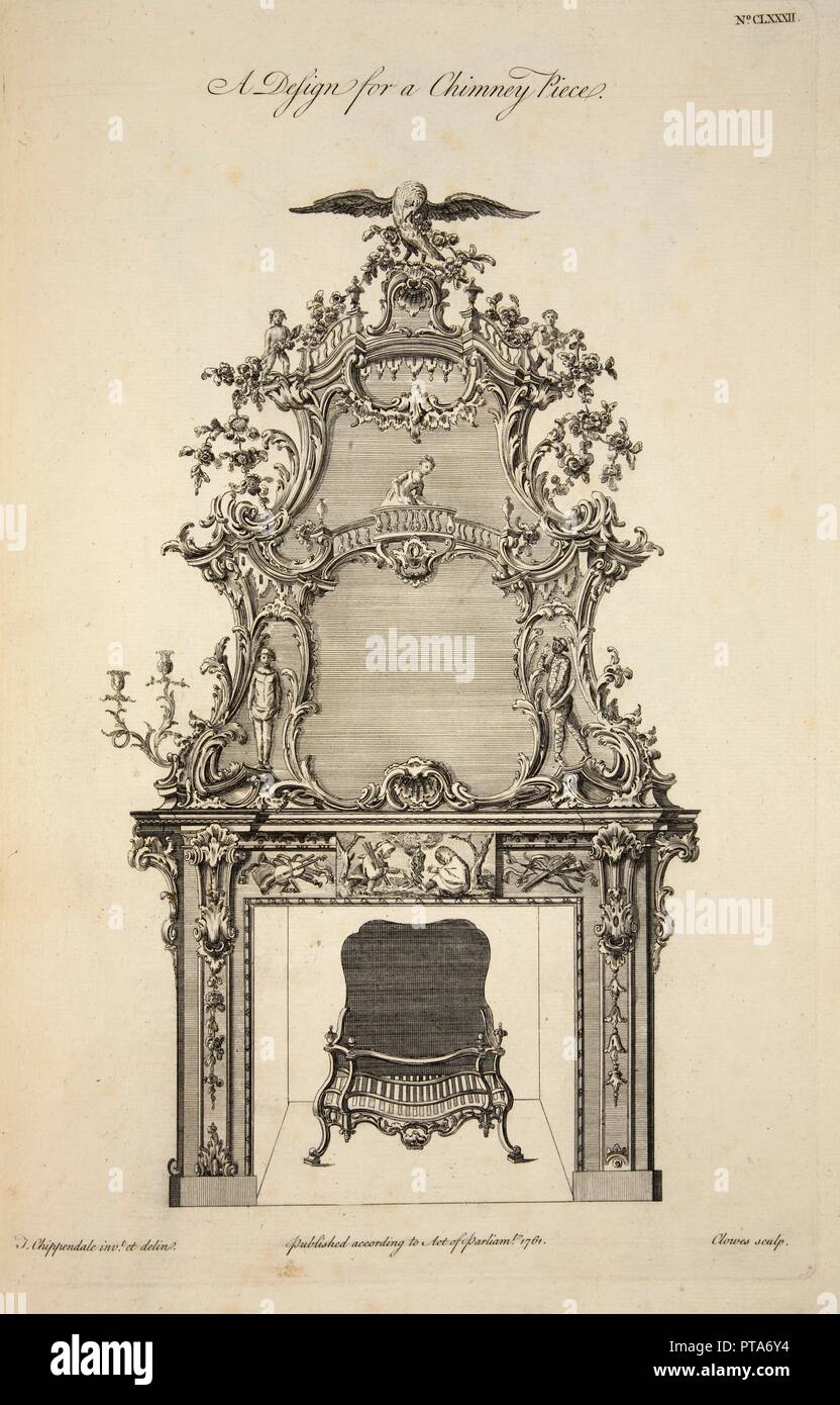 Design für einen Kamin, Pub. 1761 (Gravur). Schöpfer: Thomas Chippendale (1718 - 1779) nach. Stockfoto
