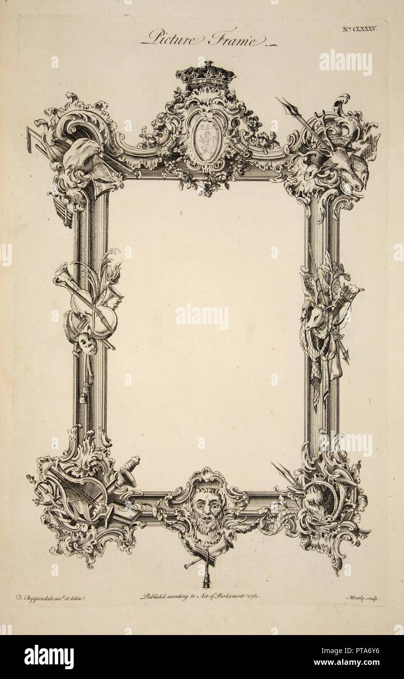 Design für einen Bilderrahmen, Pub. 1761 (Gravur). Schöpfer: Thomas Chippendale (1718 - 1779) nach. Stockfoto