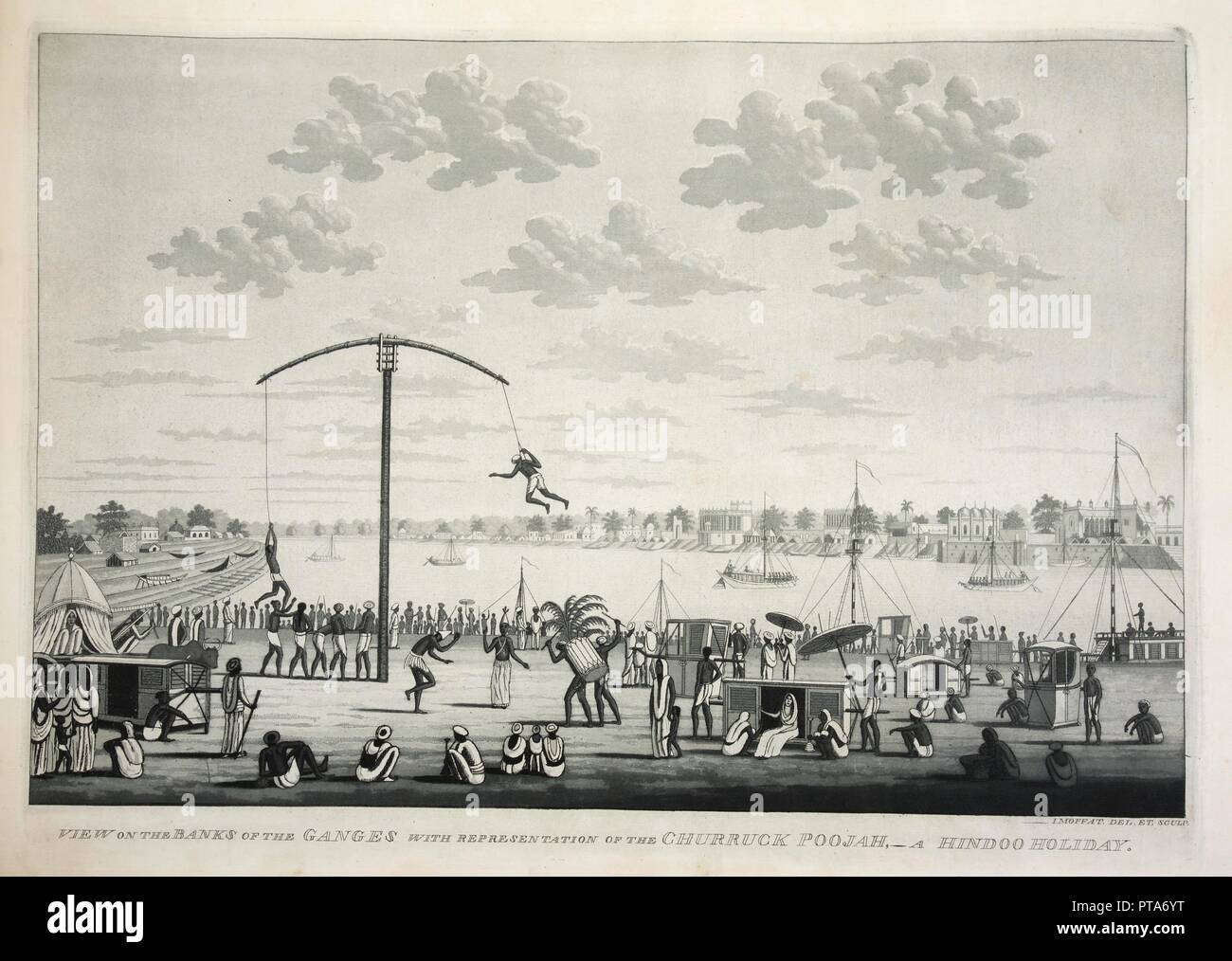 Blick an den Ufern des Ganges mit Darstellung der Churruck Poojah…, Pub. 1810 (Gravur). Schöpfer: James Moffat (1775-1815). Stockfoto