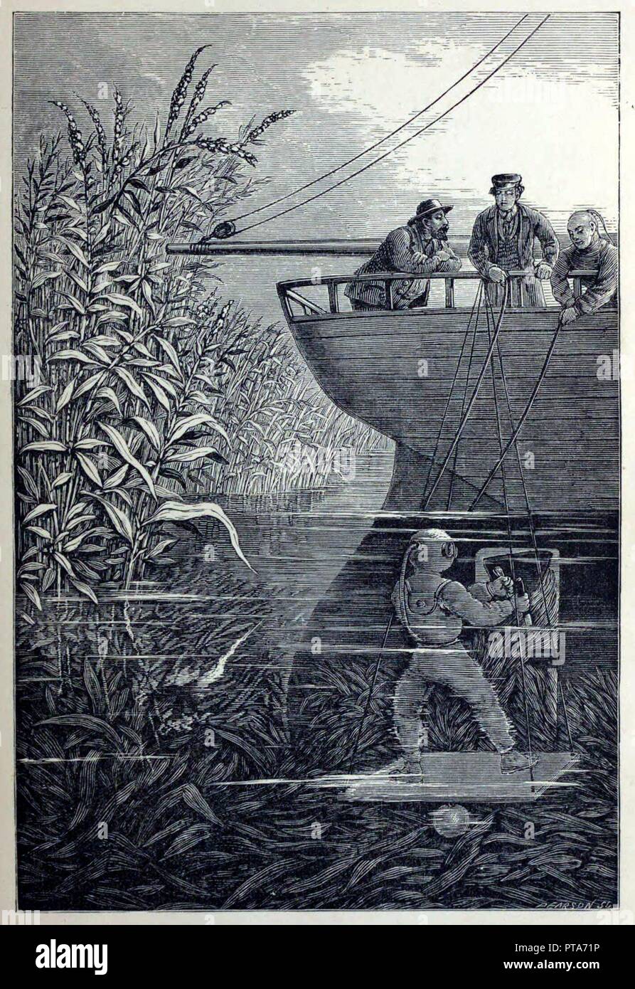 Löschen Sie die Schraube unter der Wellen, oder Tauchen im tiefen Wasser, Pub. 1887. Schöpfer: English School (19. Jahrhundert). Stockfoto